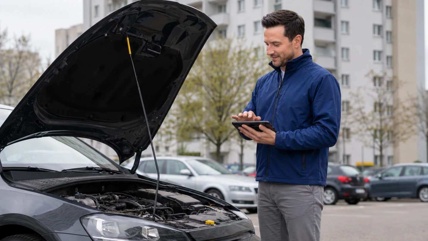 Autohändler prüft Fahrzeugmotor in Kehl Wohngebiet